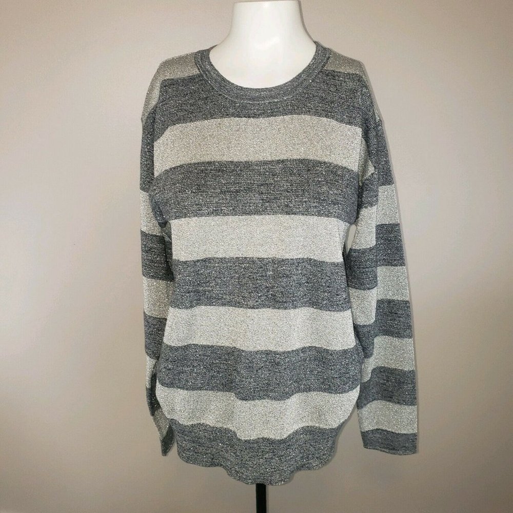 Derek Lam 10 Crosby Silver Striped Metallic Crew Neck Fancy Sweater size Medium